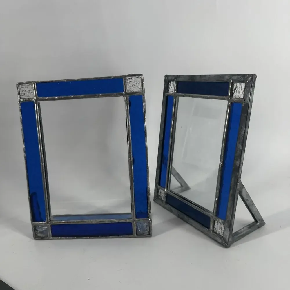 Set Of 2 Blue Stained Glass Geometric Picture 4x6 Frames